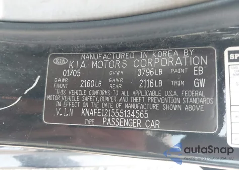 2005 Kia Spectra Ex/Lx/Sx z USA, uszkodzony, nr VIN KNAFE121555134565